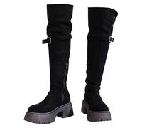 Generisch Damen Kniehohe Stiefel aus Wildleder Knee High Boots mit Absatz - Runde Zehenpartie, Langschaft Stiefel, Klassische, Bequemer, Schlupfstiefel, Übergangsstiefel Mit Niedrige Absatz