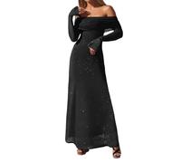 Generisch Damen Langarm Kleider Elegante Mesh Abendkleid Schulterfrei Glitzer Cocktailkleid für Abendessen Hochzeit Partykleid Pailletten Ballkleid Chiffonkleid Brautkleid