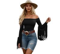 Generisch Damen Langarm T-Shirt Vintage Western Cowgirl Fransen Oberteile Schulterfrei Sexy Rückenfrei Tops Slim Fit Shirts Einfarbig Modisch Freizeitshirt Streetwear Longshirt