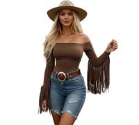 Generisch Damen Langarm T-Shirt Vintage Western Cowgirl Fransen Oberteile Schulterfrei Sexy Rückenfrei Tops Slim Fit Shirts Einfarbig Modisch Freizeitshirt Streetwear Longshirt
