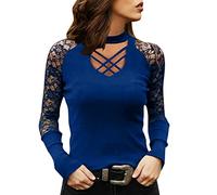 Generisch Damen Langarm Top mit V-Ausschnitt eleganter Spitzenbluse dekorativem Hohlmuster Damen Sommer Einfarbiges Top - Kurzarm Rundhals Stretch Weich Freizeit Festival Outfit (Blue, XXL)