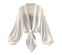 Generisch Damen Langarm V-Ausschnitt Chiffon Bolero Elegant Bolerojacke Leicht Luftig Sommer Cardigan Jäckchen Festliche Kurzjacke Schulterjacke Weiß L
