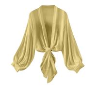 Generisch Damen Langarm V-Ausschnitt Chiffon Bolero Elegant Bolerojacke Leicht Luftig Sommer Cardigan Jäckchen Festliche Kurzjacke Schulterjacke Gelb M