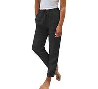 Generisch Damen Leinenhose Sommer 2025 Hose Casual Leinen Leicht Hosen Leinenhose Freizeithose Hose Elastisch Hohe Taille Einfarbig Weites Bein Lockere Hose Knopfleiste Hose Damen Schwarz One Size