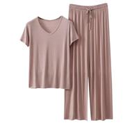 Generisch Damen Loungewear Set Sommer Kurzarm T Shirt und Lang Schlafanzughosen Homewear 2 Pieces Outfits Elegant Pyjama Rundhals Elastischer Bund Sleepwear Hausanzug Outdoor Freizeit Sets