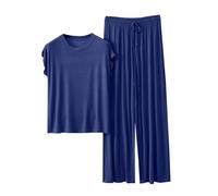 Generisch Damen Loungewear Set Sommer Kurzarm T Shirt und Lang Schlafanzughosen Homewear 2 Pieces Outfits Elegant Pyjama Rundhals Elastischer Bund Sleepwear Hausanzug Outdoor Freizeit Sets