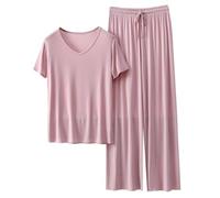 Generisch Damen Loungewear Set Sommer Kurzarm T Shirt und Lang Schlafanzughosen Homewear 2 Pieces Outfits Elegant Pyjama Rundhals Elastischer Bund Sleepwear Hausanzug Outdoor Freizeit Sets