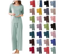 Generisch Damen Loungewear Set Sommer Kurzarm T Shirt und Lang Schlafanzughosen Homewear 2 Pieces Outfits Elegant Pyjama Rundhals Elastischer Bund Sleepwear Hausanzug Outdoor Freizeit Sets