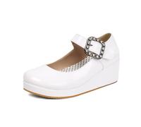Generisch Damen Mary Jane Keilpumps Geschlossene Zehe Strass Schnalle Knöchelriemen Keilabsatz Plateau Lackleder Elegante Abendmode Party Schuhe,Weiß,37 EU