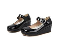 Generisch Damen Mary Jane Keilpumps Geschlossene Zehe Strass Schnalle Knöchelriemen Keilabsatz Plateau Lackleder Elegante Abendmode Party Schuhe,Schwarz,38 EU