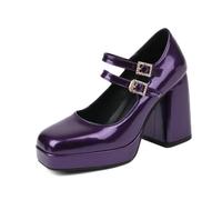 Generisch Damen Mary Jane Plateau Blockabsatz Pumps Quadratische Zehe Glänzendes Kunstleder Doppelstrassschnalle Schuhe Alternativ Cosplay Konzert Festveranstaltungen Ganzjährig,Lila,38 EU