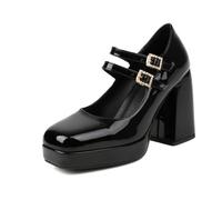 Generisch Damen Mary Jane Plateau Blockabsatz Pumps Quadratische Zehe Glänzendes Kunstleder Doppelstrassschnalle Schuhe Alternativ Cosplay Konzert Festveranstaltungen Ganzjährig,Schwarz,43 EU