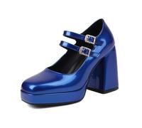 Generisch Damen Mary Jane Plateau Blockabsatz Pumps Quadratische Zehe Glänzendes Kunstleder Doppelstrassschnalle Schuhe Alternativ Cosplay Konzert Festveranstaltungen Ganzjährig,Blau,35.5 EU