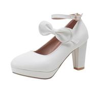 Generisch Damen Mary Jane Pumps Blockabsatz Geschlossene Zehe Schleife Knöchelriemen Schnalle Hoher Absatz Plateau Kunstleder Elegante Party Schuhe,Weiß,37 EU