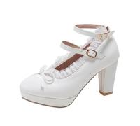 Generisch Damen Mary Jane Pumps Doppelter Knöchelriemen Hoher Blockabsatz Runde Geschlossene Zehe Schleife Rüschen Plateau Elegante Party Schuhe,Weiß,37 EU