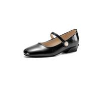 Generisch Damen Mary Jane Pumps Mit Runder Zehenpartie Niedriger Pfennigabsatz Elegante Schuhe Aus Glänzendem PU Leder Riemen Mit Perlen Strassschnalle,Schwarz,43 EU