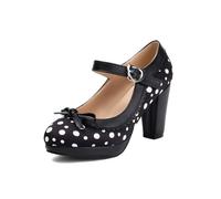 Generisch Damen Mary Jane Pumps Runde Spitze Tupfen Stoff Plateau Blockabsatz Schleifen Dekor Herz Schnalle Knöchelriemen Geschlossene Spitze Büro Alltag Schuhe Mittelabsatz,Schwarz,37 EU