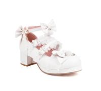 Generisch Damen Mary Jane Schuhe Blockabsatz Spitze Schleife Party | 5cm Absatz, 1,5cm Plateau, Multi-Riemen mit Spitze, Schleifen, Herzschnallen, süße Partyschuhe