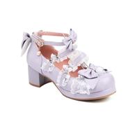 Generisch Damen Mary Jane Schuhe Blockabsatz Spitze Schleife Party | 5cm Absatz, 1,5cm Plateau, Multi-Riemen mit Spitze, Schleifen, Herzschnallen, süße Partyschuhe