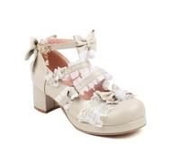 Generisch Damen Mary Jane Schuhe Blockabsatz Spitze Schleife Party | 5cm Absatz, 1,5cm Plateau, Multi-Riemen mit Spitze, Schleifen, Herzschnallen, süße Partyschuhe