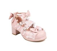 Generisch Damen Mary Jane Schuhe Blockabsatz Spitze Schleife Party | 5cm Absatz, 1,5cm Plateau, Multi-Riemen mit Spitze, Schleifen, Herzschnallen, süße Partyschuhe
