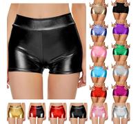 Generisch Damen Metallic Hotpants Glänzende eng anliegende Shorts mit hoher Taille Lederoptik für Tanz Sport Disco Pole Dance Rave Party Fasching und Karneval Sexy Hot-Pants Hohe Taille PU Kurze Hose