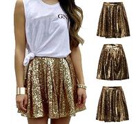 Generisch Damen-Mode-Rockkleid mit hoher Taille Plisseedetails in Fester Farbe als eleganter Kurzrock mit Pailletten für einen reizvollen (Gold, XL)