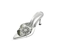 Generisch Damen Mules in Lackoptik, Spitze Offene Abend-Sandaletten | 8 cm ausgestellter Absatz, rückenfreie Schlupfform und Kristall-Effekt-Blüte für Hochzeit, Party und Empfang
