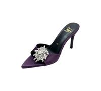 Generisch Damen Mules in Lackoptik, Spitze Offene Abend-Sandaletten | 8 cm ausgestellter Absatz, rückenfreie Schlupfform und Kristall-Effekt-Blüte für Hochzeit, Party und Empfang