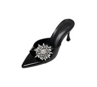 Generisch Damen Mules in Lackoptik, Spitze Offene Abend-Sandaletten | 8 cm ausgestellter Absatz, rückenfreie Schlupfform und Kristall-Effekt-Blüte für Hochzeit, Party und Empfang