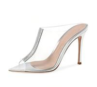 Generisch Damen Mules Silber High Heels Spitz Zehen Strass Transparent Slip on Stiletto Sandalen Elegant Party Hochzeit Abschlussball Sommer,Silber,37 EU