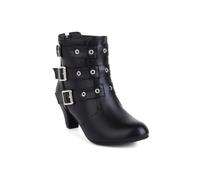 Generisch Damen Multi-Schnallen Stiefeletten Karomuster Und Leder Mix Kittenabsätze Stylische Mode Party Punk Tageslicher Casual Wear Bequeme Schuhe,Schwarz,37 EU