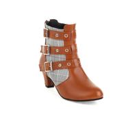 Generisch Damen Multi-Schnallen Stiefeletten Karomuster Und Leder Mix Kittenabsätze Stylische Mode Party Punk Tageslicher Casual Wear Bequeme Schuhe,Gelb,41 EU