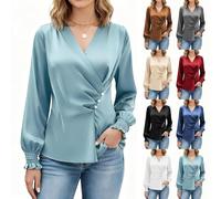 Generisch Damen Oberteile Für Festliche Anlässe Schicke Sommer Elegante Seidenbluse V-Ausschnitt Hemdbluse Große Größen Damenblusen Glänzend Satin-Bluse Mit Schleife Asymmetrisch Blusen