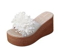 Generisch Damen Pantoletten mit Absatz Plateau Sandalen Keilabsatz Sommerschuhe mit Blumenmuster Elegant Boho Schlupfsandalen Keilsandalen für Strand Freizeit und Alltag Weiß 40