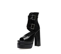 Generisch Damen Peep-Toe-Plateau-Stiefel mit Doppelriemen Stabiler High Heel Offener Zehen Blockabsatz Sandalen für Party Club Nachtausgang,Schwarz,46 EU