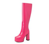 Generisch Damen Plateau Kniehohe Stiefel Lackleder-Optik Blockabsatz Reißverschluss Hohe Boots