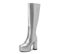 Generisch Damen Plateau Kniehohe Stiefel Lackleder-Optik Blockabsatz Reißverschluss Hohe Boots