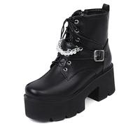 Generisch Damen Plateau Knöchelstiefel Schnürung Perlenkette Schnalle Blockabsatz PU Leder Stilvoll Bequem rutschfest Strapazierfähig Für Alltag Ausgehen Party Streetwear,Schwarz,37 EU