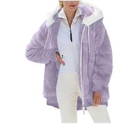 Generisch Damen Plüschjacke mit Ohren, Kuschelige Teddy-Fleece Jacke mit Kapuze, Reißverschluss Mantel für Herbst & Winter Lila