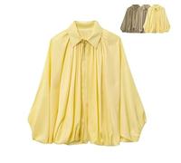 Generisch Damen Puffjacke Oversized Streetwear Casual Fledermausärmel Reverskragen Reißverschluss Vorne Plissee Shirts Sweatshirt Mit Bluse mit Reverskragen (Yellow,M)