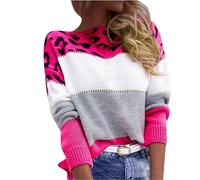 Generisch Damen Pullover Elegant, Pullover Damen, Leopard Strickpullover Langarm Rundhals Sweater Patchwork Sweatshirt Herbst Winter Elegant Pulli Warme Lose Blusen Oberteile Tops