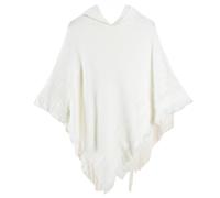 Generisch Damen Pullover mit Fransen Im Vintage Stil Schal Wickel Poncho Lockerer Einfarbiger Strickpullover mit Kapuze Ärmelloser Wickel Cape Weiß Einheitsgröße
