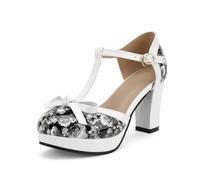 Generisch Damen Pumps Mit Blumenmuster T Riemen Mittlerer Blockabsatz Geschlossene Zehe Schleife Plateau Knöchelriemen Schnalle Lackleder Schuhe,Schwarz,45 EU