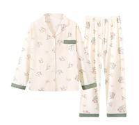 Generisch Damen Pyjama-Set Casual Pyjama Cute Fruit Floral Printed Pyjamas Frühling Herbst Cartoon-Muster Vintage Homewear V-Ausschnitt Langarm Einreihig Nachtwäsche Schlafanzughose