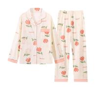 Generisch Damen Pyjama-Set Casual Pyjama Cute Fruit Floral Printed Pyjamas Frühling Herbst Cartoon-Muster Vintage Homewear V-Ausschnitt Langarm Einreihig Nachtwäsche Schlafanzughose