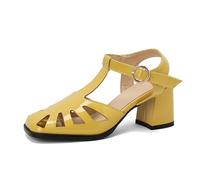 Generisch Damen Quadratische Zehe Ausschnitt Glänzendes Kunstleder Mittelblock-Sandalen T-Riemen Spange Schuhe Nachmittagstee Bankett Hochzeit Cocktail Sommer,Gelb,40 EU