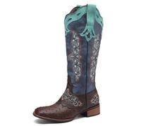 Generisch Damen Quadratische Zehe PU-Leder Kniehohe Stiefel Niedriger Blockabsatz Western-Cowboy-Stiefel Zum Hineinschlüpfen Retro-Kleid Schuhe,Blau,41 EU