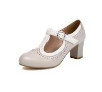 Generisch Damen Runde Zehen Zweifarbig T-Riemen Brogue Blockabsatz Date Party Schuhe,Beige,37 EU