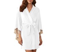 Generisch Damen Samt Bademantel Sexy Sommer Nachthemd Langarm Nachtwäsche mit Spitze und Gürtel Einfarbig Baggy Kimono Robe Kurze Samtkleid Morgenmantel V-Ausschnitt Bademäntel Schlafmantel